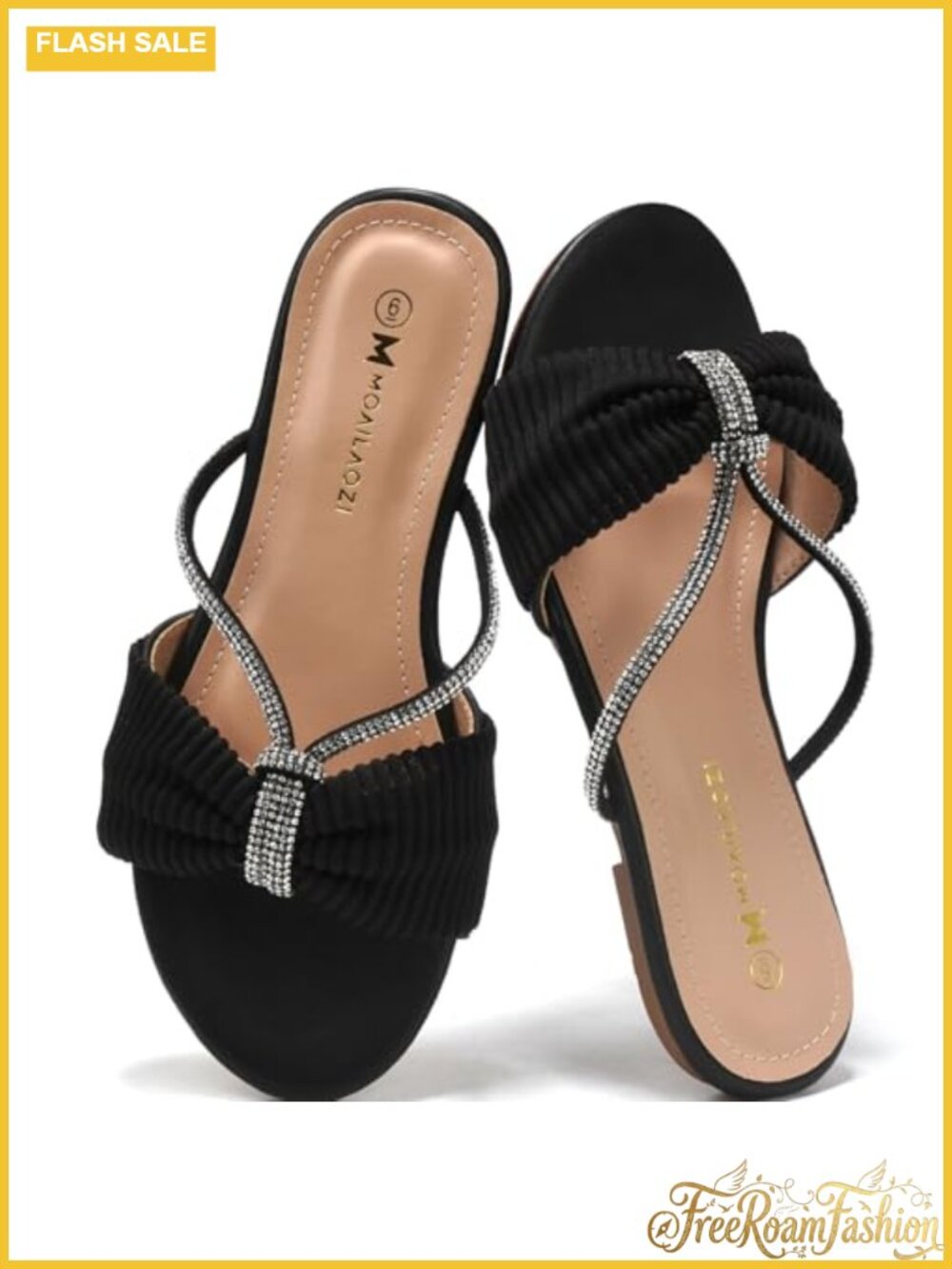 Women's Rhinestone Strappy Slide Sandals with Memory Foam Insole, Faux Leather